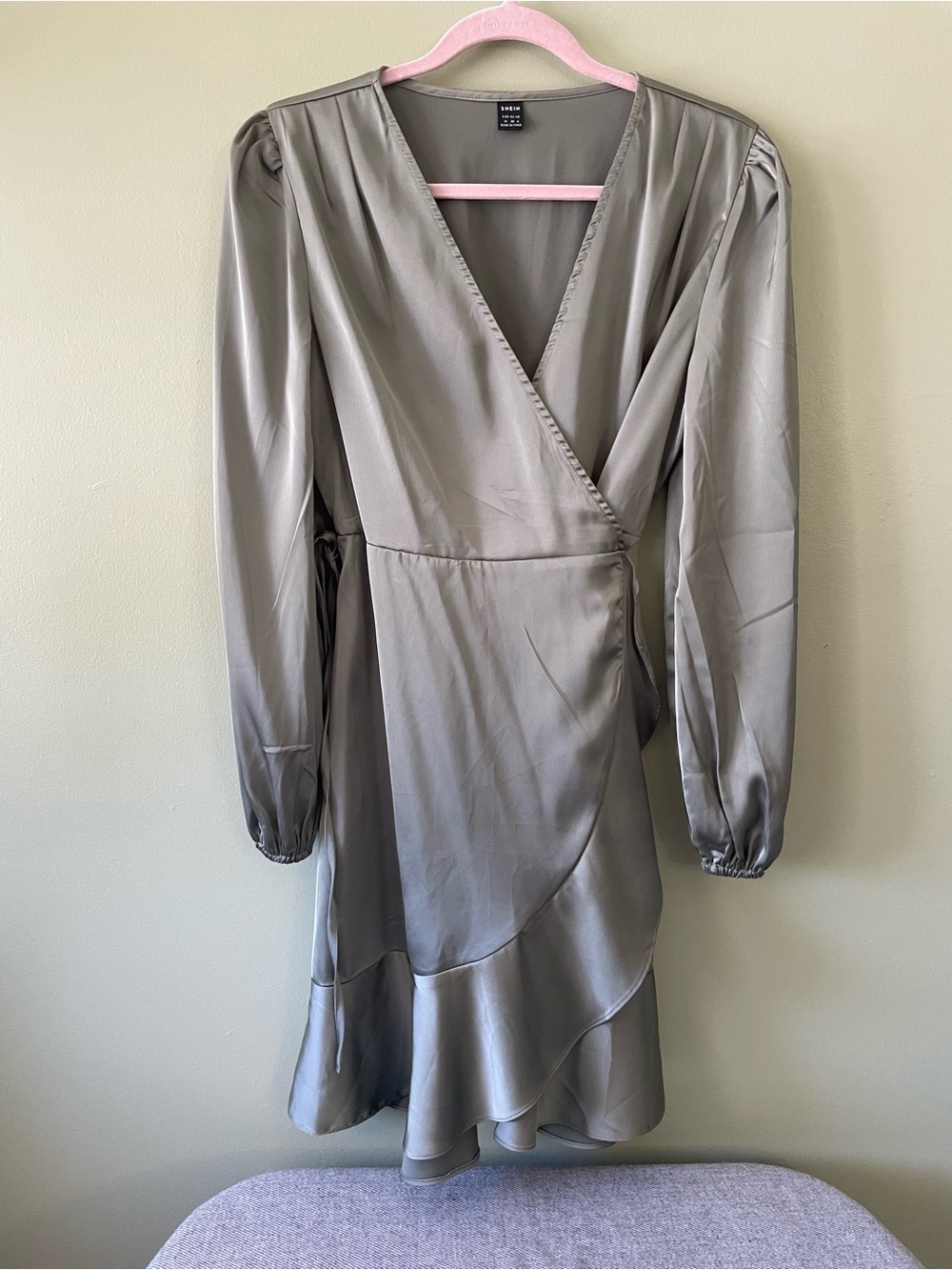 SHEIN Olive Green Satin Wrap Dress